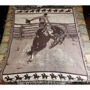 Vtg Crown Crafts Reversible Throw Blanket, Knit Afghan Bucking Horse 55"x45"